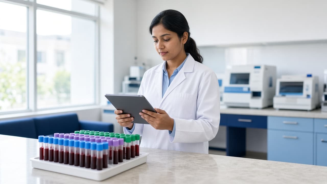 A bright pathology lab counter with sample tubes and a tablet